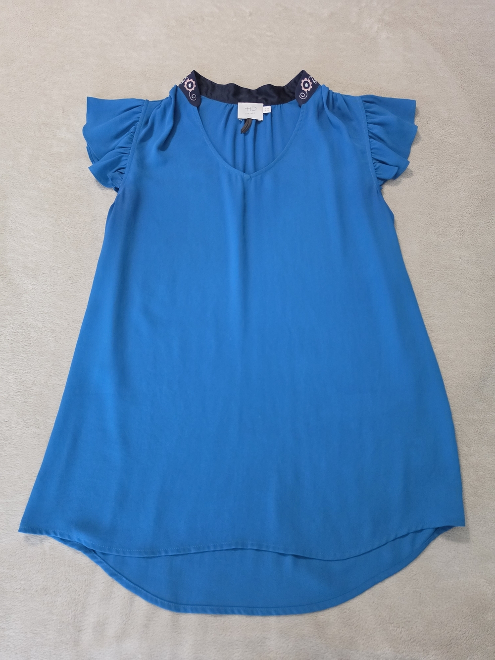 HD in Paris Royal Blue V-Neck Flutter Sleeve Tunic with Navy Trim